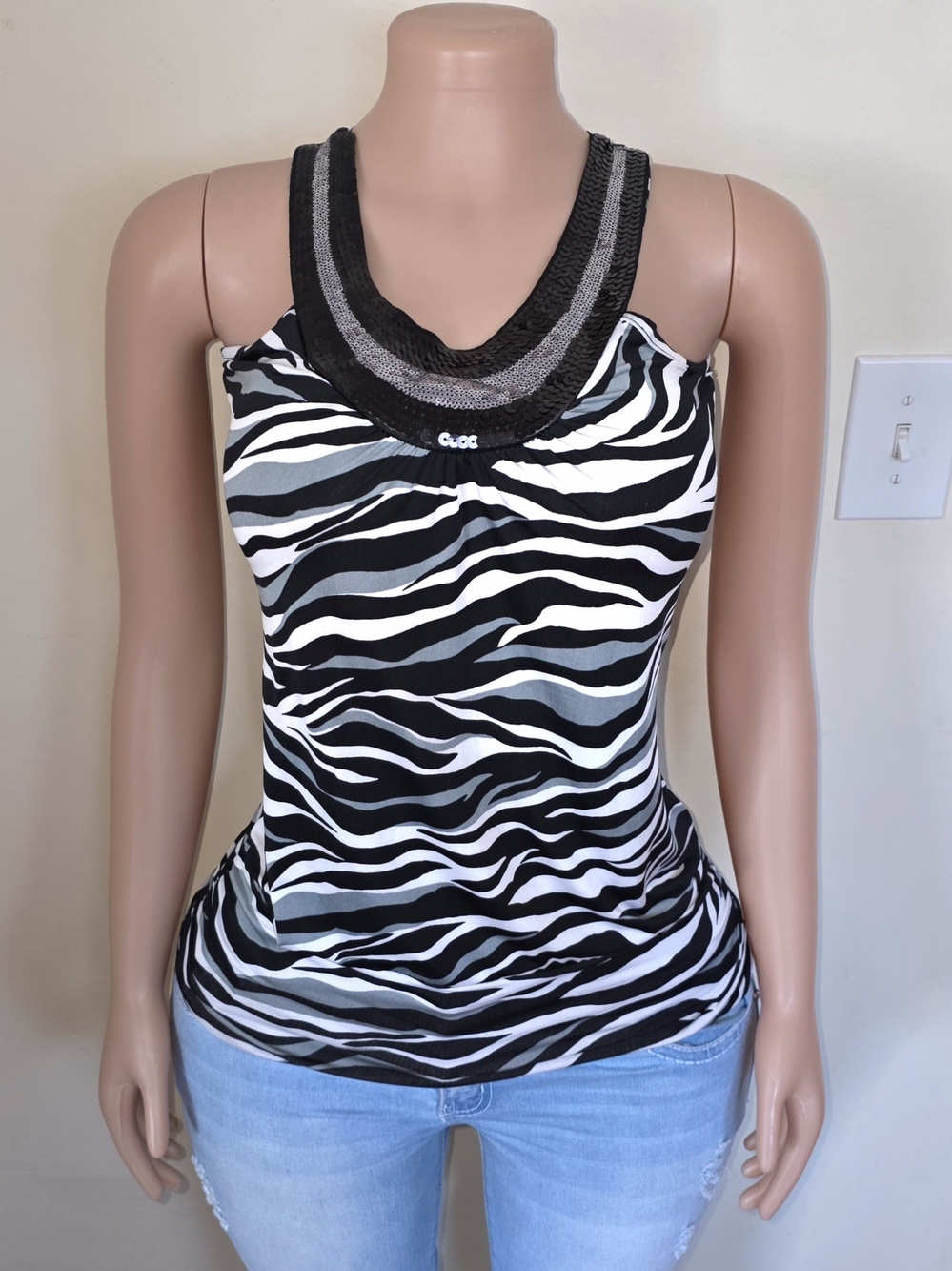 Kiwi Black White Zebra Print Tank Top with Black Sequin Trim